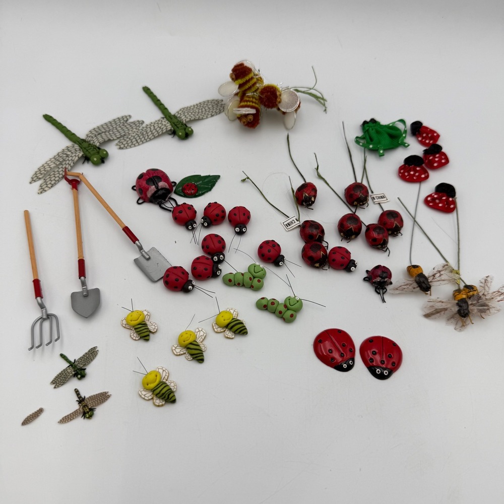 Vintage Miniature Fairy Garden Craft Lot Ladybugs Bees Dragonflies Tools 30+ Pcs